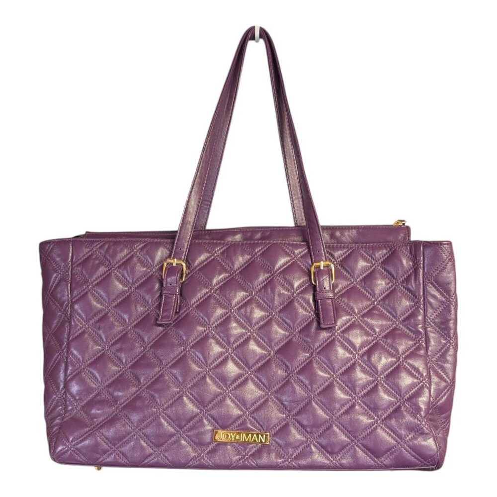 Joy & Iman Large Tote Shoulder Bag Purple Faux Leather Quilted Purse Pockets